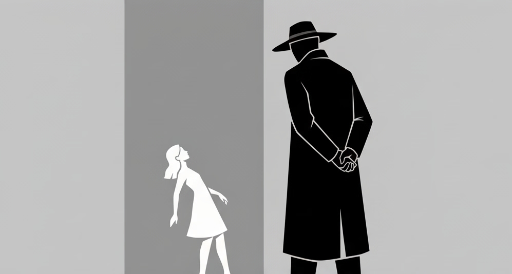 Article cover image of a white figure representing a target of surveillance and a black figure representing a surveillance