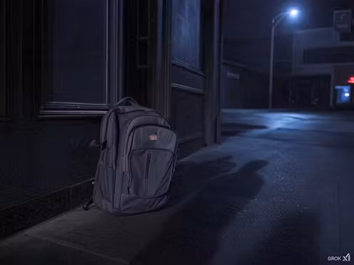 Abandoned backpack on a dark city street at night, symbolizing lost opportunities and untold stories.